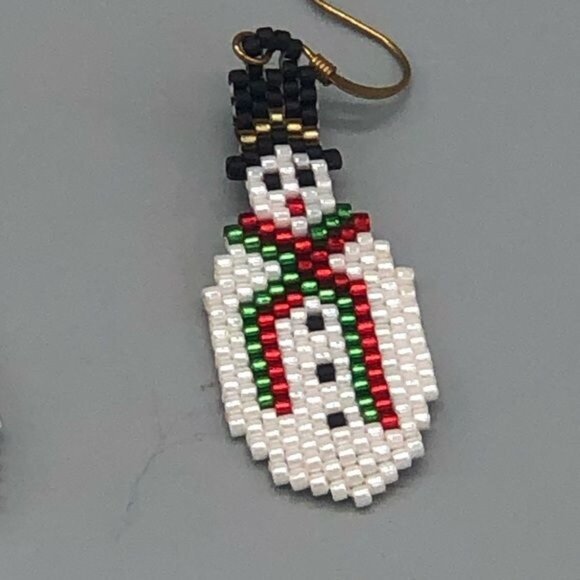Handmade beaded snowman white black pierced earrings 2" long hat Christmas READ - Picture 4 of 5